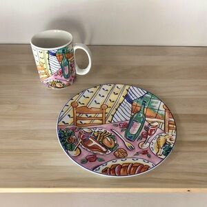 Fitz and Floyd Mugs (2) and Salad Plate, “Omnibus”, Vintage Stoneware, 1…